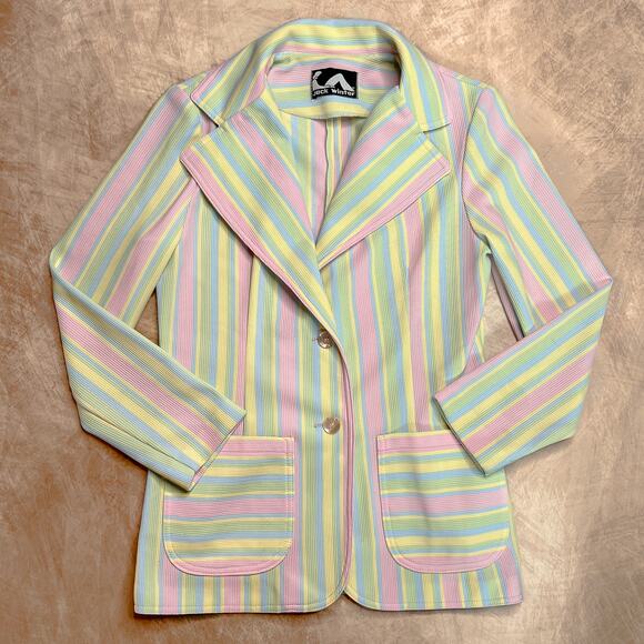 Vintage 70s Jack Winter Rainbow Pastel Striped Blazer Jacket Double Knit Disco - Picture 1 of 8
